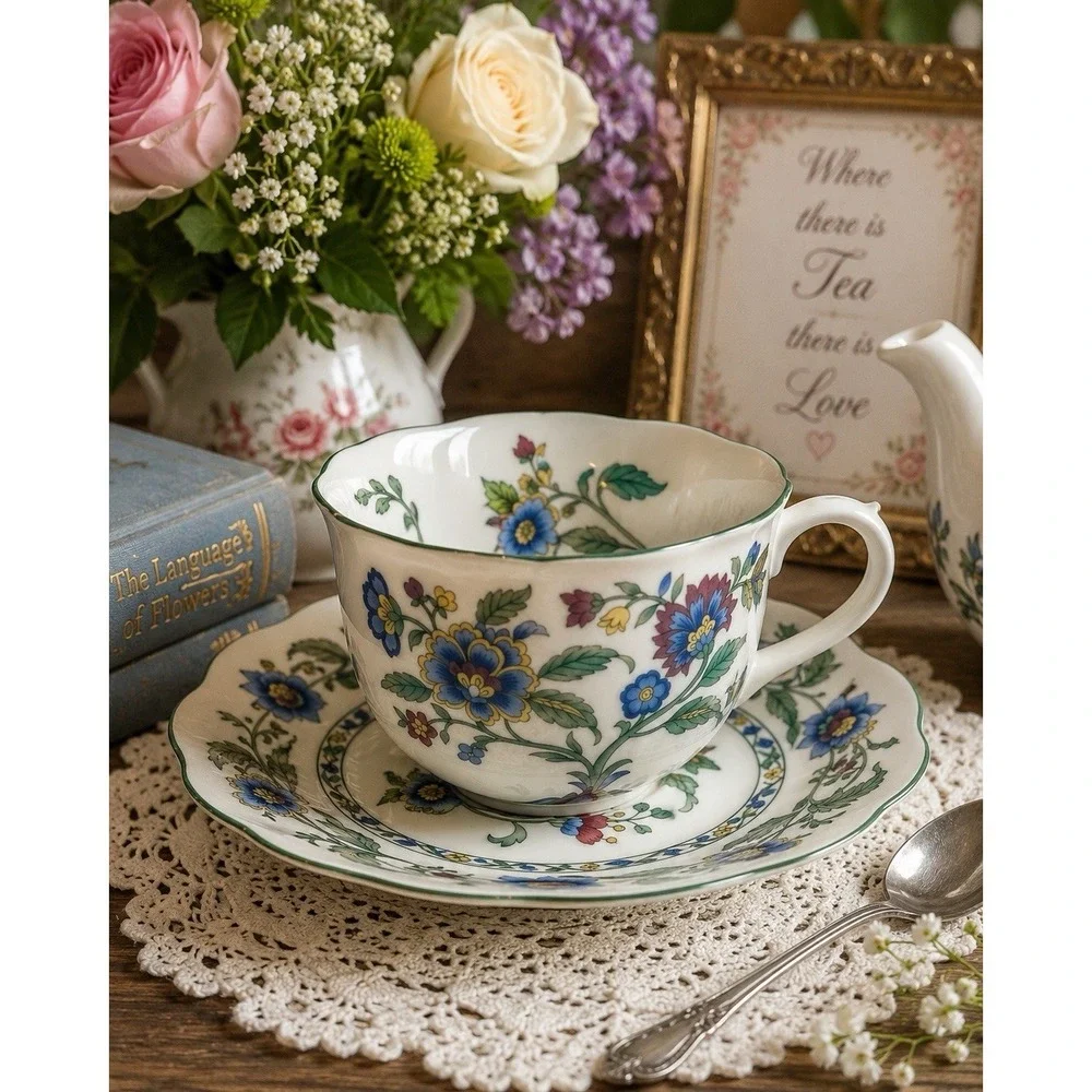 Nikko Oriental Garden Tea Cup & Saucer Set Floral White Blue #9875 Made in Japan